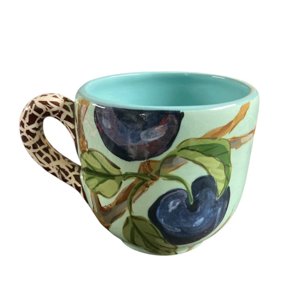 Droll Designs Plum Vine Mug Pottery Hand Painted Signed 2007